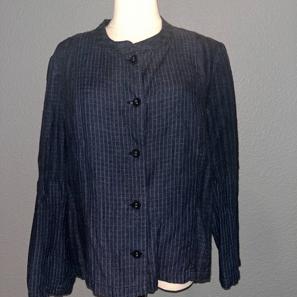 POETRY 100% LINEN BOXY BUTTON FRONT COLLARLESS WINDOW PANE PLAID JACKET EUC - 14